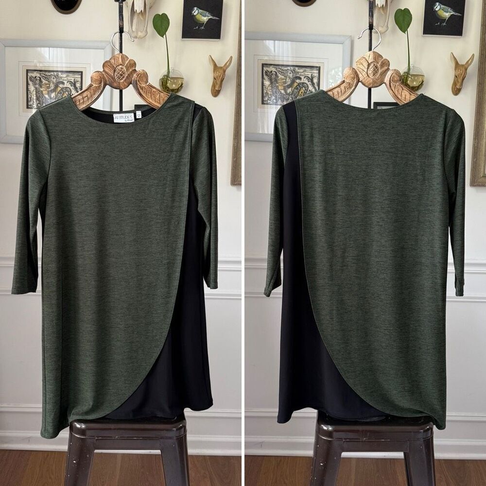 Attitudes by Renee Green Black Color Block Stretchy 3/4 Sleeve Tunic Top M